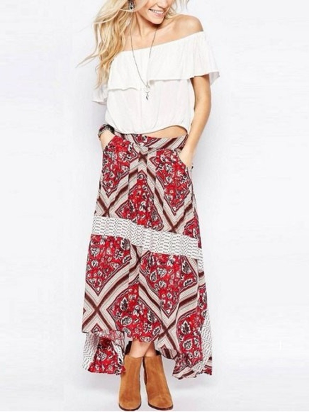 Free People Printed Paradise Red Handkerchief Floral Flowy Boho Hippie Skirt 6